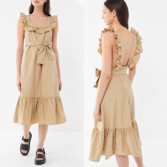 Urban Outfitters | Tan Poplin Ruffle Midi Dress - Picture 2 of 11